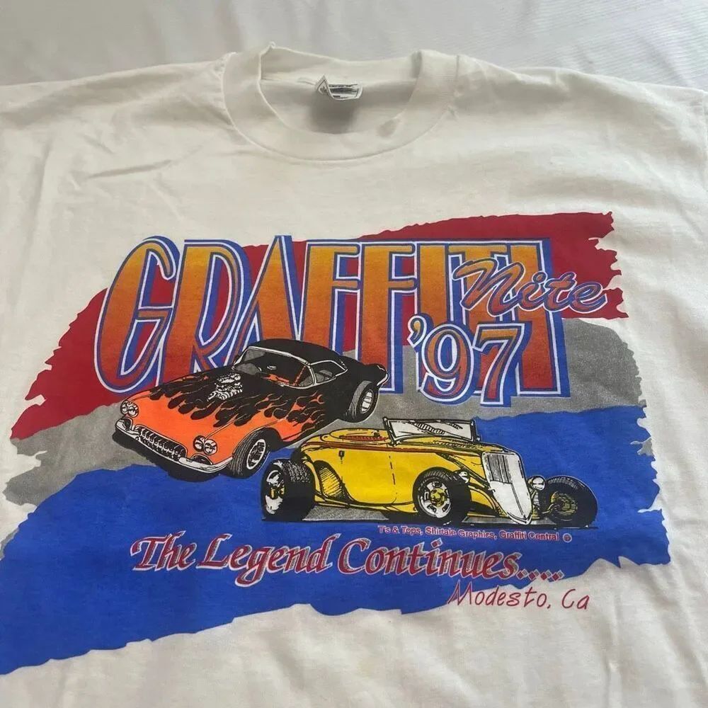 VINTAGE Graffiti Hot Rod Men T-Shirt Large Single Stitch Modesto California